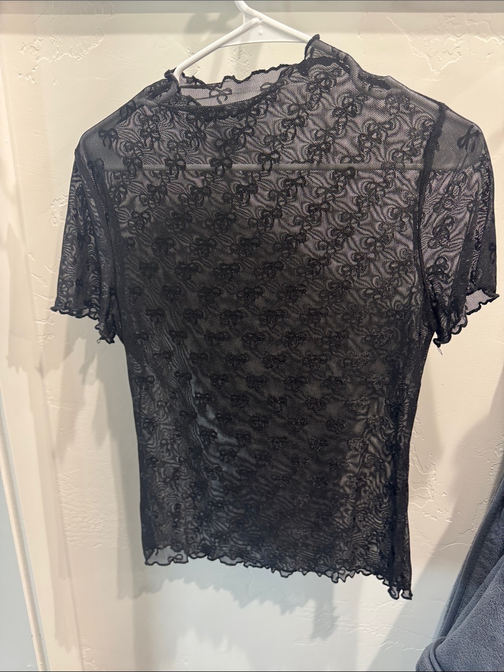 Sheer Lace Mock Neck Short Sleeve Top - Black